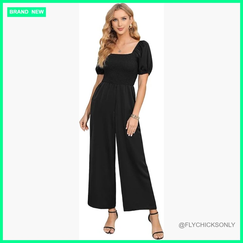 Silky Blend Fabric Jumpsuit With Square Neck And Wide Leg